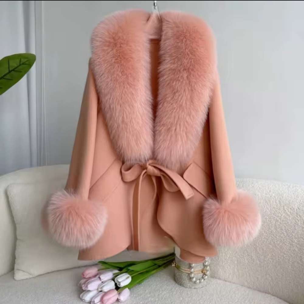 Woolen Jacket Real Big Fur Detachable Collar Loose  Blends Luxury Fashio - Picture 2 of 9